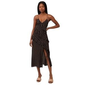 MINKPINK Black Beige Polka Dot Ayat Cami Frill Ruffle Slip Midi Dress Size Small